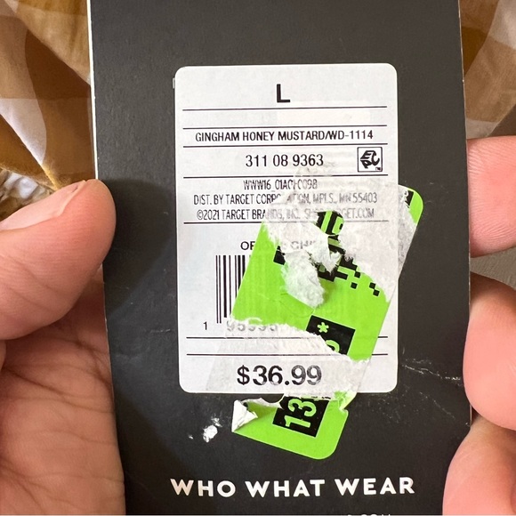 Who What Wear Midi One-Shoulder Dress - Mustard Gingham Puff Short Sleeve Cotton - Picture 7 of 8